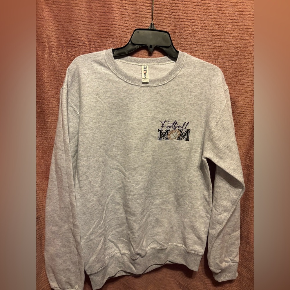 Embroidered “football mom” Jerzees Light Gray Sweatshirt